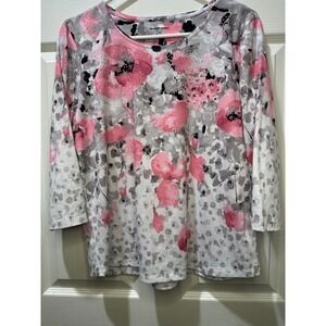 Allison Daley Petites Floral Rhinestone 3/4 Sleeve Top Women's PM Pink Gray